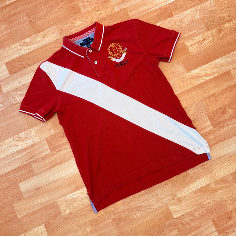Tommy Hilfiger Mens Red White Sash Crest Polo Shirt Large Short Sleeve Classic